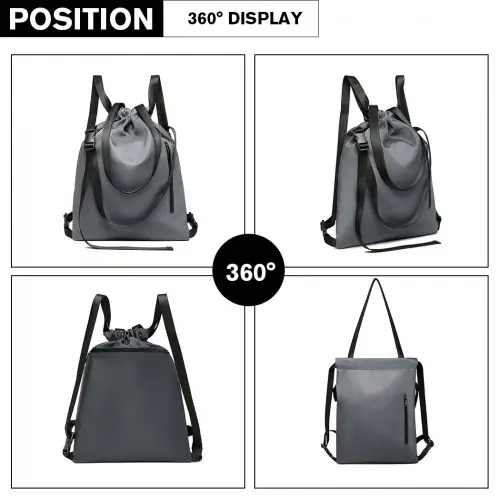 E6912 - Kono Nylon Multi Way Drawstring Backpack Shoulder Bag - Grey by All Mart Bristol Ltd
