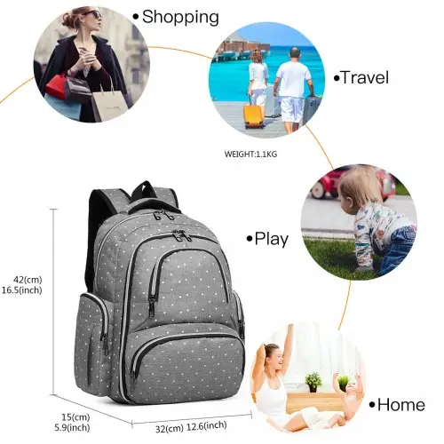 E6706D2 - Kono Large Capacity Multi Function Baby Diaper Backpack Polka Dot - Grey by All Mart Bristol Ltd