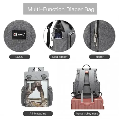 E1976 - Kono Travel Baby Changing Backpack with USB Charging Interface - Grey by All Mart Bristol Ltd