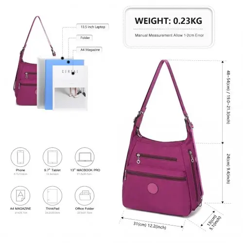 EH2063 - Kono Three Way Multipurpose Casual Shoulder Bag With Double Zippers - Purple by All Mart Bristol Ltd