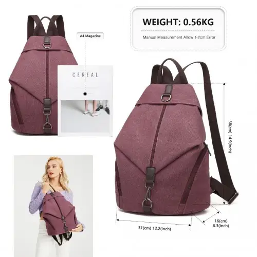 EB2044 - Kono Fashion Anti-Theft Canvas Backpack - Claret by All Mart Bristol Ltd
