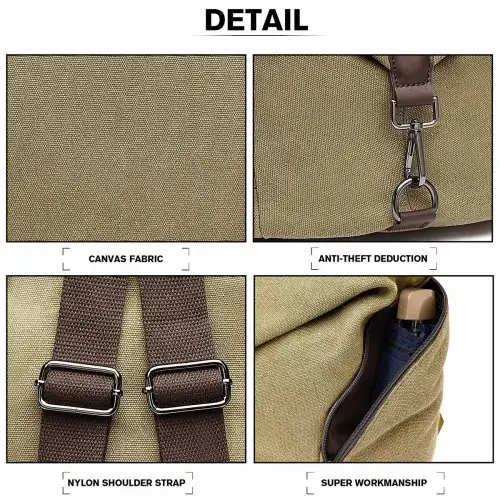 EB2044 - Kono Fashion Anti-Theft Canvas Backpack - Khaki by All Mart Bristol Ltd