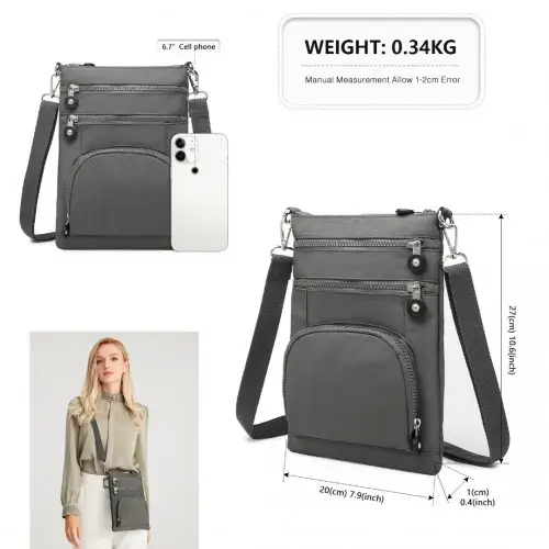 EB2228 - Kono Casual Multi Pocket RFID Blocking Cross body Bag - Grey by All Mart Bristol Ltd