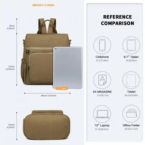 EH2107 - Kono Multi Way Anti-theft Waterproof Backpack Shoulder Bag - Khaki by All Mart Bristol Ltd