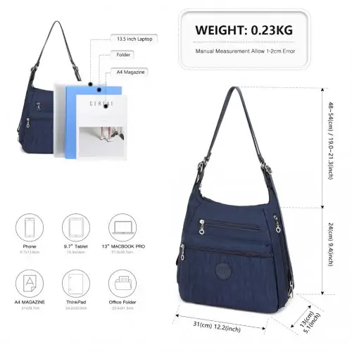 EH2063 - Kono Three Way Multipurpose Casual Shoulder Bag With Double Zippers - Navy by All Mart Bristol Ltd