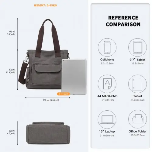 EB2125 - Kono Large Capacity Multi Compartment Canvas Crossbody Tote Bag - Grey by All Mart Bristol Ltd