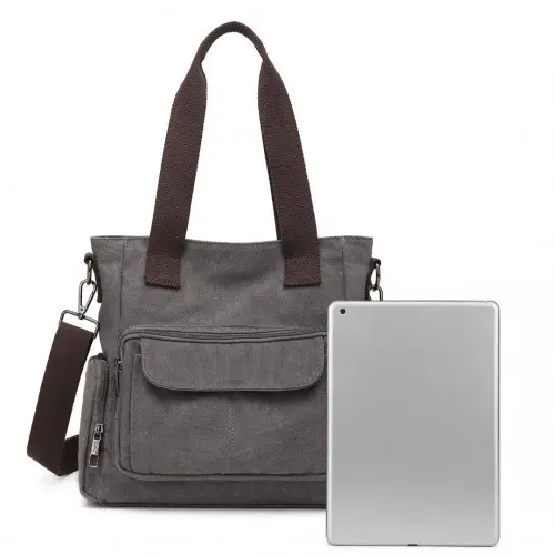 EB2125 - Kono Large Capacity Multi Compartment Canvas Crossbody Tote Bag - Grey by All Mart Bristol Ltd