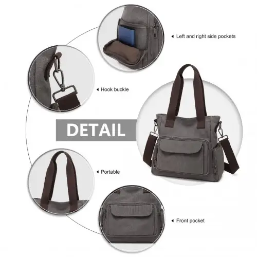 EB2125 - Kono Large Capacity Multi Compartment Canvas Crossbody Tote Bag - Grey by All Mart Bristol Ltd