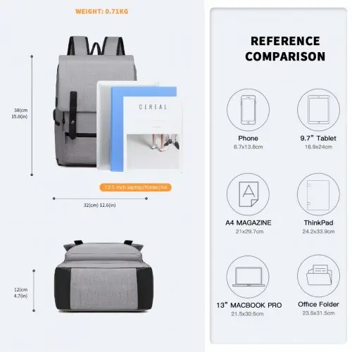 EG2032 - Kono Smart Practical Backpack with USB Chargable Interface - Grey by All Mart Bristol Ltd