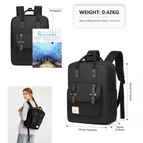 EB2211 - Kono Casual Daypack Lightweight Backpack Travel Bag - Black by All Mart Bristol Ltd