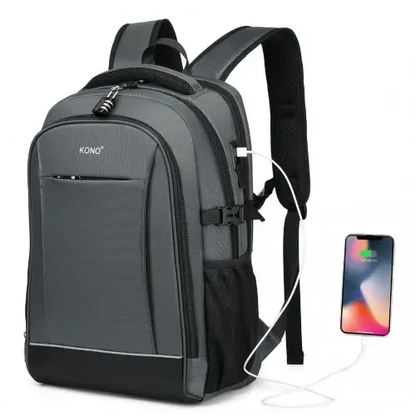 EM2130 - Kono Functional Travel Backpack With USB Charging Port - Grey by All Mart Bristol Ltd