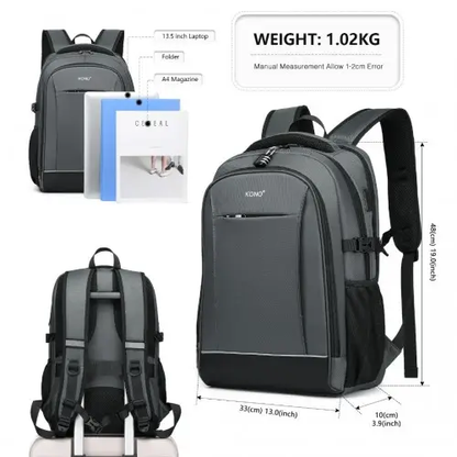 EM2130 - Kono Functional Travel Backpack With USB Charging Port - Grey by All Mart Bristol Ltd