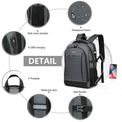 EM2130 - Kono Functional Travel Backpack With USB Charging Port - Grey by All Mart Bristol Ltd