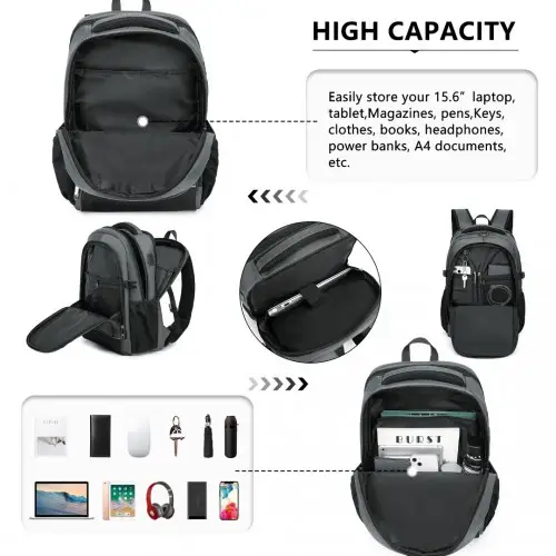EM2130 - Kono Functional Travel Backpack With USB Charging Port - Grey by All Mart Bristol Ltd