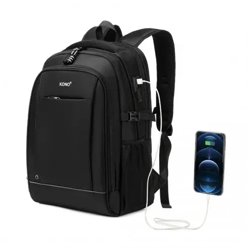 EM2130 - Kono Functional Travel Backpack With USB Charging Port - Black by All Mart Bristol Ltd