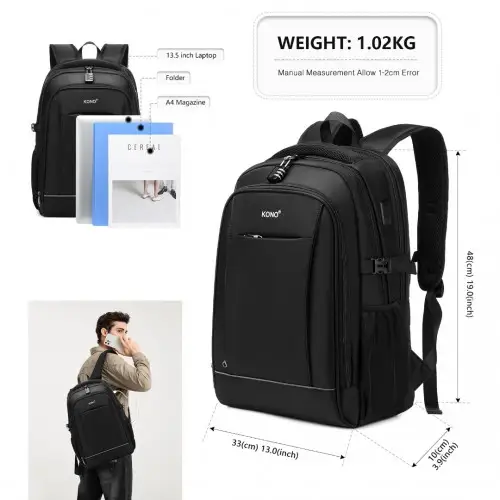 EM2130 - Kono Functional Travel Backpack With USB Charging Port - Black by All Mart Bristol Ltd
