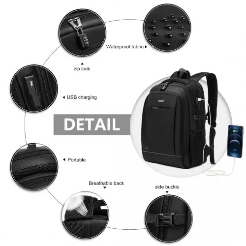 EM2130 - Kono Functional Travel Backpack With USB Charging Port - Black by All Mart Bristol Ltd