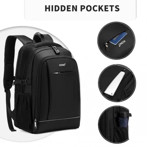 EM2130 - Kono Functional Travel Backpack With USB Charging Port - Black by All Mart Bristol Ltd