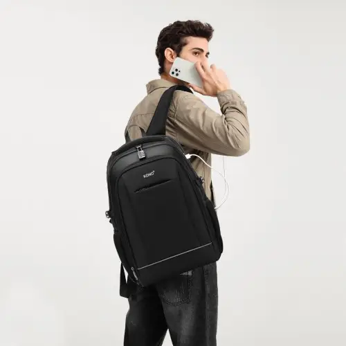 EM2130 - Kono Functional Travel Backpack With USB Charging Port - Black by All Mart Bristol Ltd