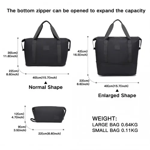 EA2212 - Kono Two Pieces Expandable Durable Waterproof Travel Duffel Bag Set - Black by All Mart Bristol Ltd