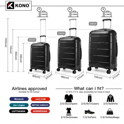 K1997L - KONO 20-24-28” HARD SHELL PP SUITCASE SET - BLACK by All Mart Bristol Ltd