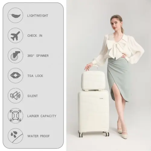 K2094L - Kono 14/20 Inch Lightweight Polypropylene Hard Shell 2 Piece Suitcase Set With TSA Lock And Vanity Case - Cream White by All Mart Bristol Ltd
