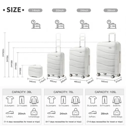 K2094L - Kono Lightweight Polypropylene Hard Shell 4 Piece Suitcase Set With TSA Lock And Vanity Case - Cream White by All Mart Bristol Ltd