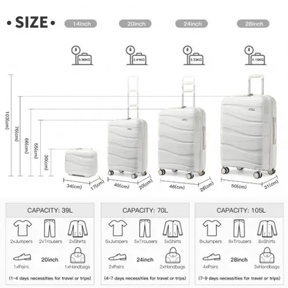 K2094L - Kono Lightweight Polypropylene Hard Shell 4 Piece Suitcase Set With TSA Lock And Vanity Case - Cream White by All Mart Bristol Ltd