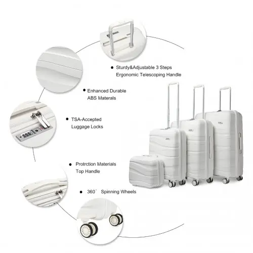 K2094L - Kono Lightweight Polypropylene Hard Shell 4 Piece Suitcase Set With TSA Lock And Vanity Case - Cream White by All Mart Bristol Ltd