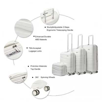 K2094L - Kono Lightweight Polypropylene Hard Shell 4 Piece Suitcase Set With TSA Lock And Vanity Case - Cream White by All Mart Bristol Ltd
