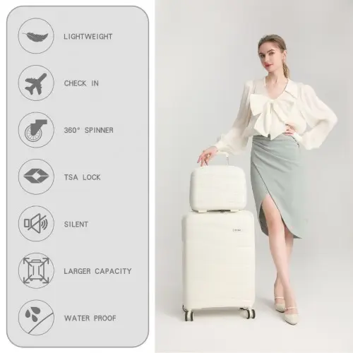 K2094L - Kono Lightweight Polypropylene Hard Shell 4 Piece Suitcase Set With TSA Lock And Vanity Case - Cream White by All Mart Bristol Ltd