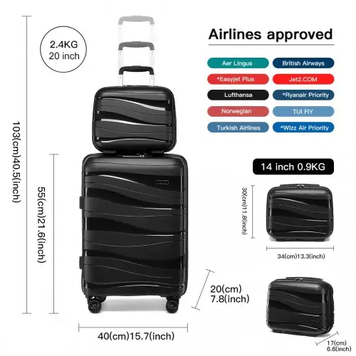 K2094L - Kono 14/20 Inch Lightweight Polypropylene Hard Shell 2 Piece Suitcase Set With TSA Lock And Vanity Case - Black by All Mart Bristol Ltd