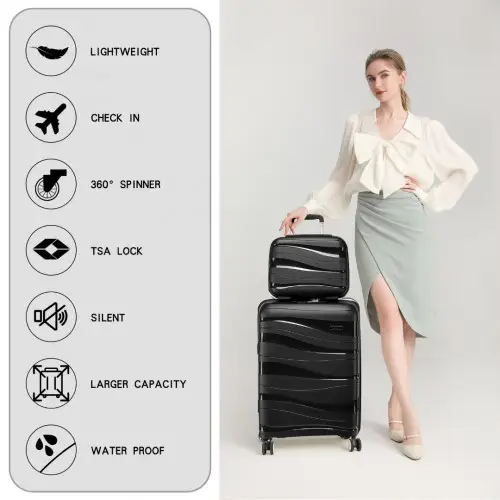 K2094L - Kono 14/20 Inch Lightweight Polypropylene Hard Shell 2 Piece Suitcase Set With TSA Lock And Vanity Case - Black by All Mart Bristol Ltd