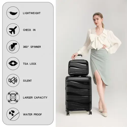 K2094L - Kono 14/20 Inch Lightweight Polypropylene Hard Shell 2 Piece Suitcase Set With TSA Lock And Vanity Case - Black by All Mart Bristol Ltd