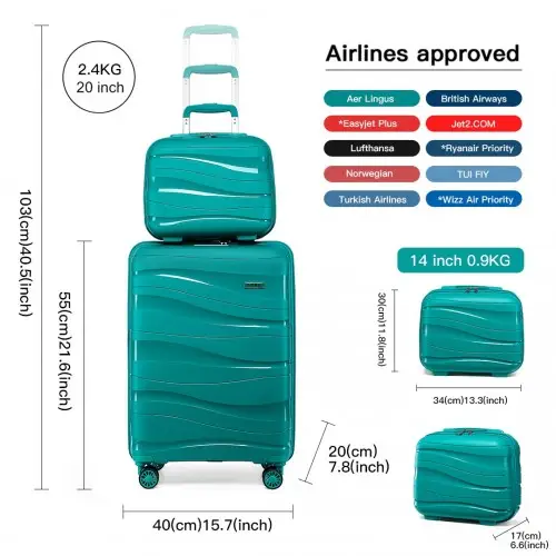 K2094L - Kono 14/20 Inch Lightweight Polypropylene Hard Shell 2 Piece Suitcase Set With TSA Lock And Vanity Case - Teal by All Mart Bristol Ltd