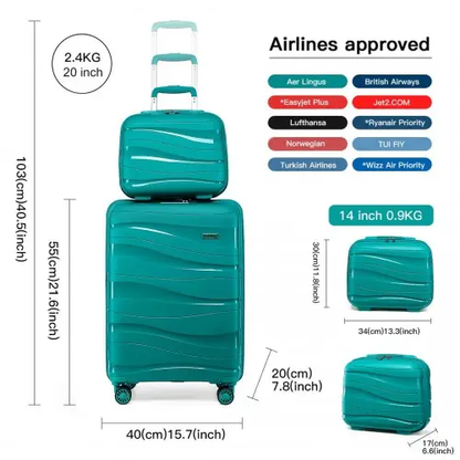 K2094L - Kono 14/20 Inch Lightweight Polypropylene Hard Shell 2 Piece Suitcase Set With TSA Lock And Vanity Case - Teal by All Mart Bristol Ltd