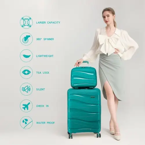 K2094L - Kono 14/20 Inch Lightweight Polypropylene Hard Shell 2 Piece Suitcase Set With TSA Lock And Vanity Case - Teal by All Mart Bristol Ltd