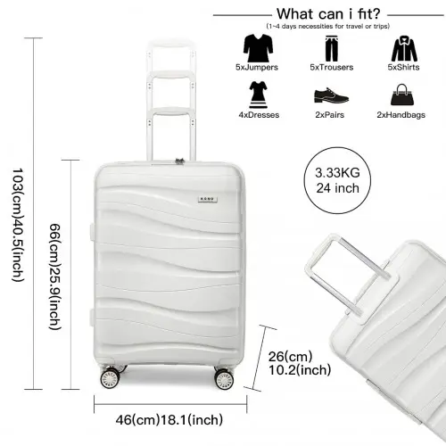K2094L - Kono 24 Inch Lightweight Polypropylene Hard Shell Suitcase With TSA Lock - Cream White by All Mart Bristol Ltd