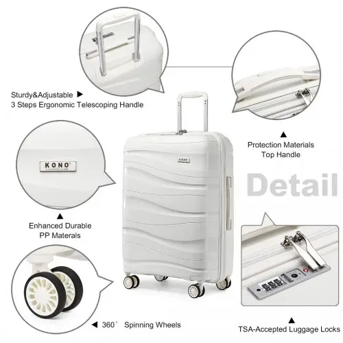 K2094L - Kono 24 Inch Lightweight Polypropylene Hard Shell Suitcase With TSA Lock - Cream White by All Mart Bristol Ltd