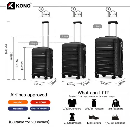 K2091L - Kono Multi Texture Hard Shell PP Suitcase 3 Pieces Set - Classic Collection - Black by All Mart Bristol Ltd
