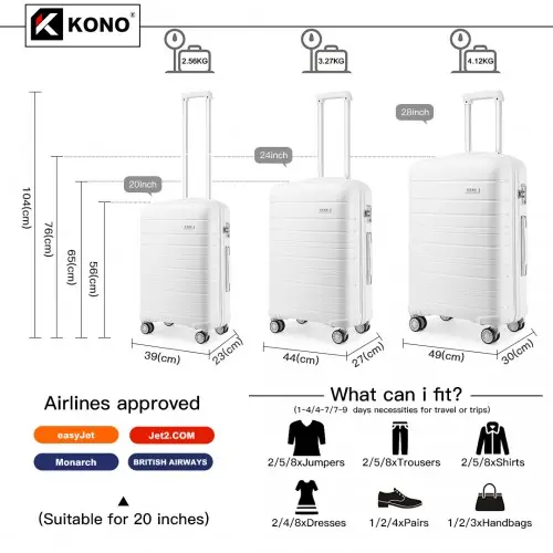 K2091L - Kono Multi Texture Hard Shell PP Suitcase 3 Pieces Set - Classic Collection - White by All Mart Bristol Ltd