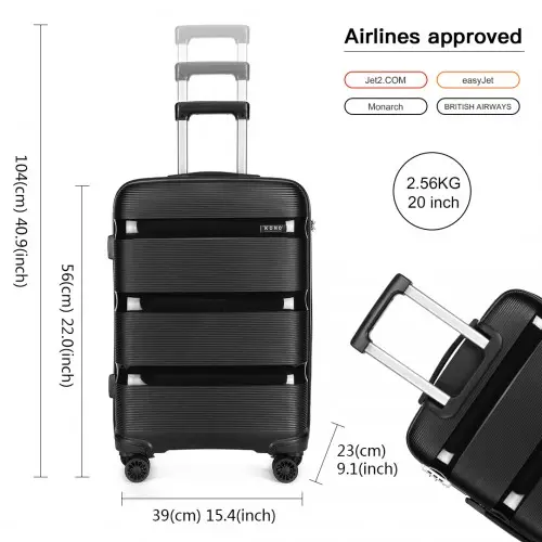 K2092L - Kono 20 Inch Bright Hard Shell PP Carry-On Suitcase In Cabin Size - Black by All Mart Bristol Ltd