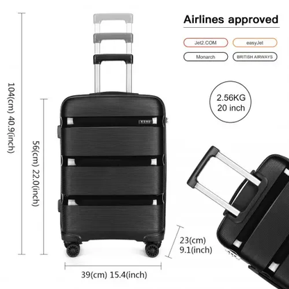 K2092L - Kono 20 Inch Bright Hard Shell PP Carry-On Suitcase In Cabin Size - Black by All Mart Bristol Ltd