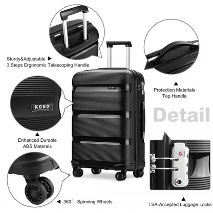 K2092L - Kono 20 Inch Bright Hard Shell PP Carry-On Suitcase In Cabin Size - Black by All Mart Bristol Ltd