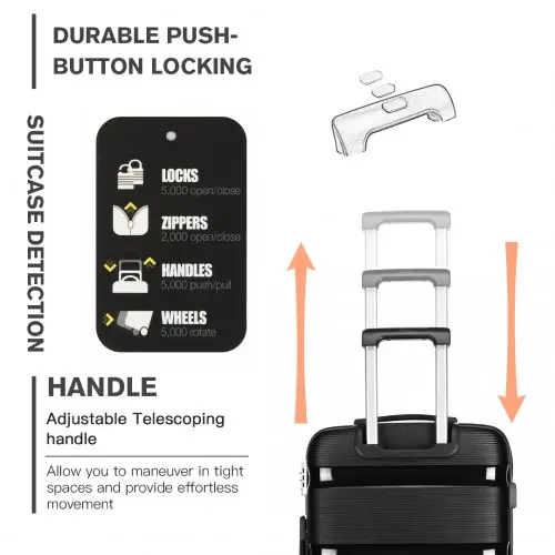 K2092L - Kono 20 Inch Bright Hard Shell PP Carry-On Suitcase In Cabin Size - Black by All Mart Bristol Ltd