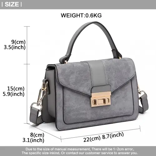LB6872 - Miss Lulu Matte PU Leather Midi Handbag Cross Body Bag - Grey by All Mart Bristol Ltd