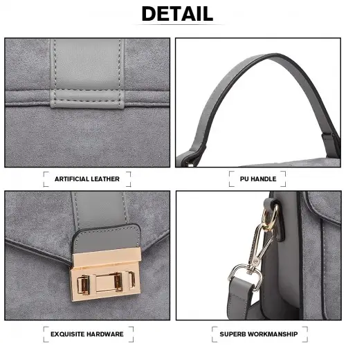 LB6872 - Miss Lulu Matte PU Leather Midi Handbag Cross Body Bag - Grey by All Mart Bristol Ltd