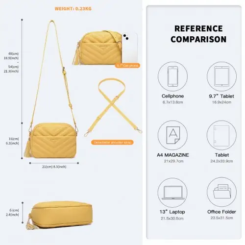 LA2119-1 - Miss LuLu Lightweight Quilted Leather Cross body Bag - Yellow by All Mart Bristol Ltd