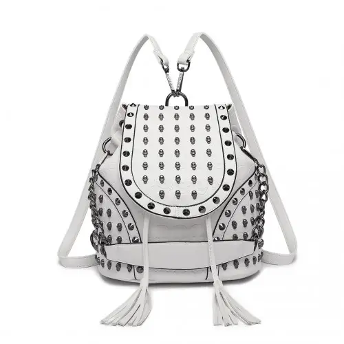 L1414 - Miss Lulu Skull Studded Backpack Shoulder Bag - Beige by All Mart Bristol Ltd