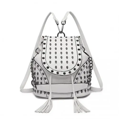 L1414 - Miss Lulu Skull Studded Backpack Shoulder Bag - Beige by All Mart Bristol Ltd